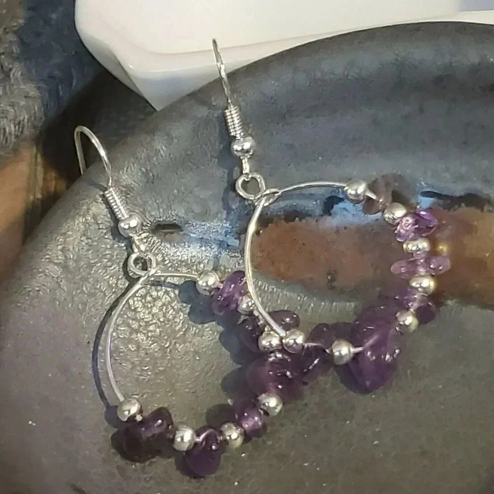 Hand Crafted Baroque Amethyst Gemstone Sterling Silver Plated Beads Earrings